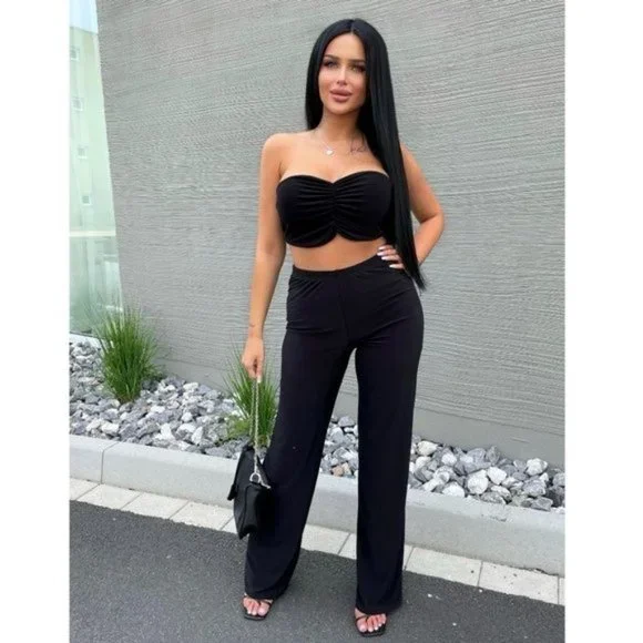 Black Ruched Strapless Crop Top and High Waist Wide Leg Pants Two Piece Set - Picture 1 of 8